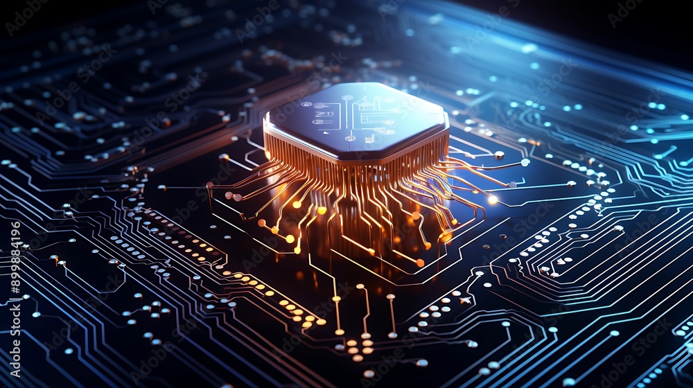Poster illuminated microchip connected to a circuit board