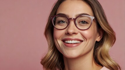 Obraz premium Glasses-wearing woman, happy and satisfied, pink background portrait
