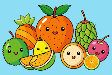 easy line art of different fruits Orange, mango, jackfruit, and others vector illustration 