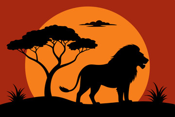 Black silhouette of a growling lion stands next to a tree against a sunset vector illustration  © Chayon Sarker