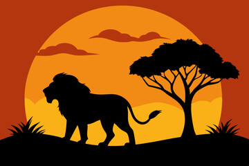 Black silhouette of a growling lion stands next to a tree against a sunset vector illustration 