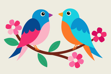 Two colorful birds sitting on a branch with pink flower vector illustration