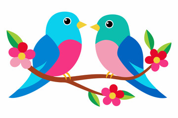 Two colorful birds sitting on a branch with pink flower vector illustration