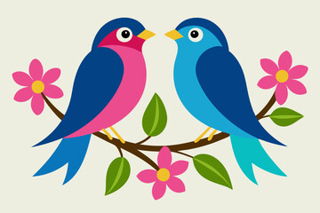 Two colorful birds sitting on a branch with pink flower vector illustration