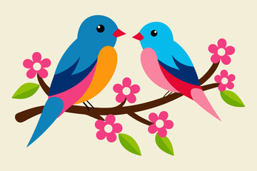 Two colorful birds sitting on a branch with pink flower vector illustration