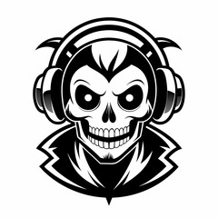 Skull clown whit headphones in black and white