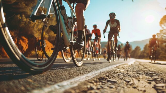 Cyclists Riding Together on Sunny Road in Competitive Race. Teamwork and cycling