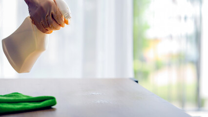 cleaner dusting with cleaning agent spray, yellow safety gloves and microfiber cloth. indoor cleaning