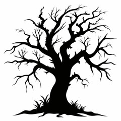 Silhouette of an eerie dilapidated tree on a white background