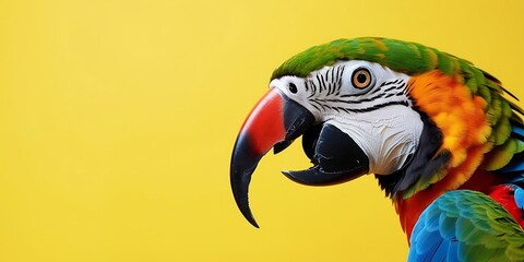 Colorful Parrot's Beak on the Right with a Solid Yellow Background Ideal for Highlighting Vivid Colors and Exotic Wildlife