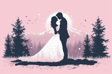 Enchanting Wedding Illustration with Moon and Forest Background