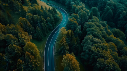 From a bird's eye view you can see an asphalt road that winds around mountain forests and hills.
