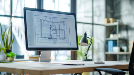 A monitor screen placed on the desk displays a technical drawing of an architectural plan, showing the detailed design of the structure.
