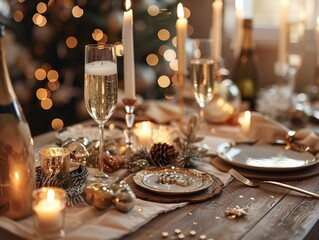 Festive dinner table setting with champagne candles and holiday decorations.