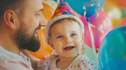 Close-up of a happy father and his little daughter celebrating a birthday. The daddy and his little girl, wearing hats, smile at the camera.