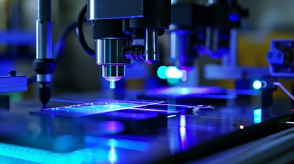 Blue laser equipment in use within an advanced scientific laboratory, focusing on precision technology and innovative research, with blue lighting highlighting the high-tech environment.