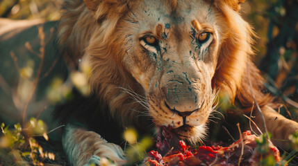 A lion eating meat in an African safari, surrounded by wildlife. As a hungry predator, its powerful frame and sharp claws clearly emphasize its status as the king of beasts.

