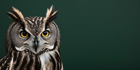 Obraz premium Wise Owl's Eyes on the Left with a Solid Dark Green Background Ideal for Capturing Keen Vision and Wildlife Details