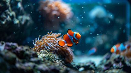 An underwater seascape in which an orange fish swims among colorful coral reefs and stones on the bottom.
