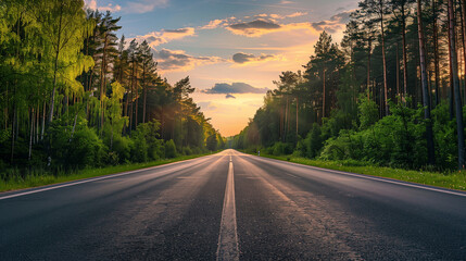 Obraz premium The main asphalt road that stretches towards the horizon, surrounded by green forest, in the glow of the setting sun. 