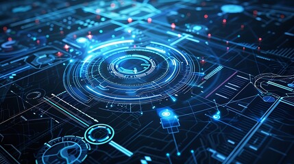 Holographic tech blueprint with rotating elements 