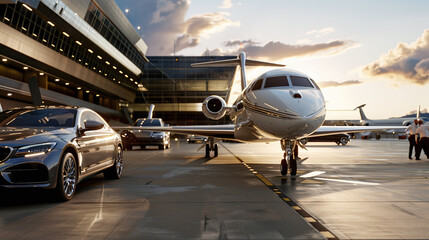  a private jet parked at an exclusive airport, with luxury cars and staff attending to it, rich lifestyle
