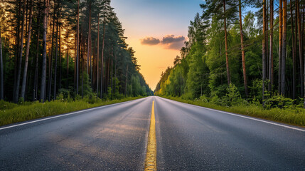 The main asphalt road that stretches towards the horizon, surrounded by green forest, in the glow of the setting sun.
