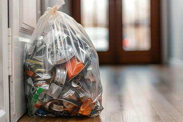 A plastic bag filled with recyclable cans, placed near an entryway on a wooden floor, symbolizing waste management efforts.