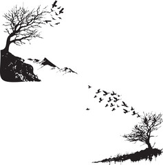 Birds flying on Mountain tree black silhouette