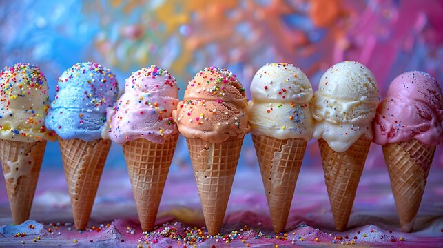 A fun and vibrant image of ice cream cones with rainbow-colored toppings and sprinkles, set against a colorful and lively backdrop.
