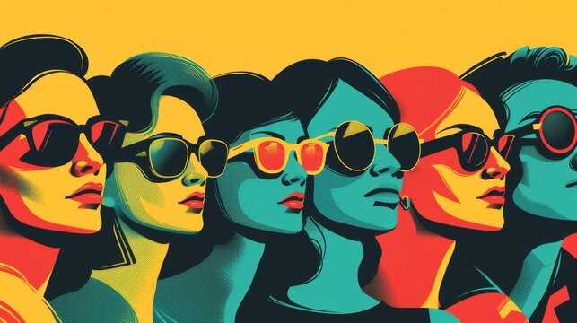 A pop art-inspired illustration of a group of people wearing sunglasses, set against a bold and colorful background. The image showcases a retro yet contemporary aesthetic, blending classic and modern