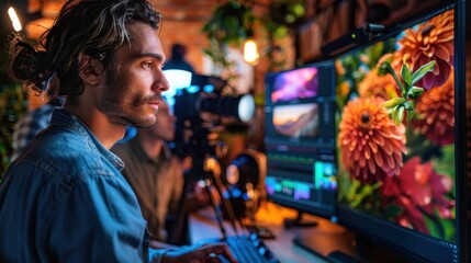 Creative Fusion: Photographer Presenting Editing Workflows to Team in Vibrant Editing Studio Environment with Selective Focus