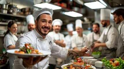 Culinary Innovation Unveiled: Chef Presenting New Dish to Kitchen Staff in a Surreal, Bustling Kitchen Setting - Copy Space Available