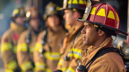 Inspiring Firefighter Demonstrating Safety Protocols to Recruits in Vibrant Fire Station - Close Up Profile View with Overlay Background