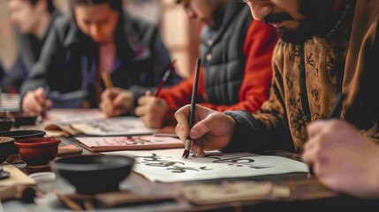 A group of people engaged in traditional calligraphy with focused expressions, showcasing the art of writing in a serene environment.