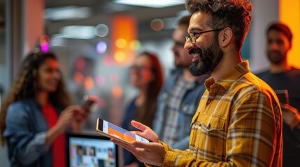 Futuristic Software Developer Presenting New App to Colleagues in Vibrant Tech Office Setting with Copy Space