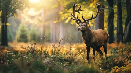 Red deer stag in forest