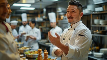 Leading the Culinary Journey: Chef Presenting Ethereal New Menu to Staff in Restaurant Kitchen