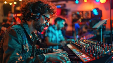 Obraz premium Digital Composer: Musician Presenting Futuristic Composition to Band in Studio (Copy Space, Technology, Creativity, Innovation)