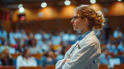 Innovative Scientist Presenting New Theory at Symposium with Dynamic Presentation Slides in University Lecture Hall Setting