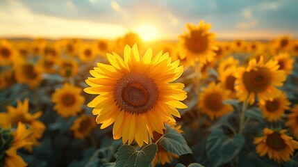 Obraz premium A peaceful scene of a sunflower field with the sun rising, casting a soft morning light over the vibrant yellow flowers and clear blue sky.