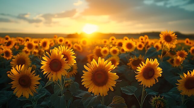 A peaceful scene of a sunflower field with the sun rising, casting a soft morning light over the vibrant yellow flowers and clear blue sky.