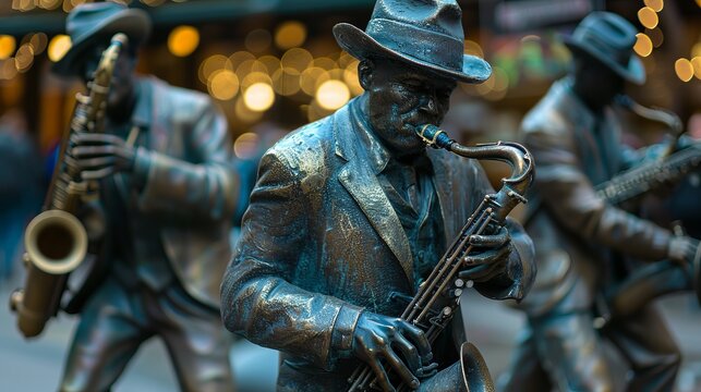 New Orleans, United States: Febraury 27, 2020: Statue of Jazz Band Marches Along Louis Armstrong park