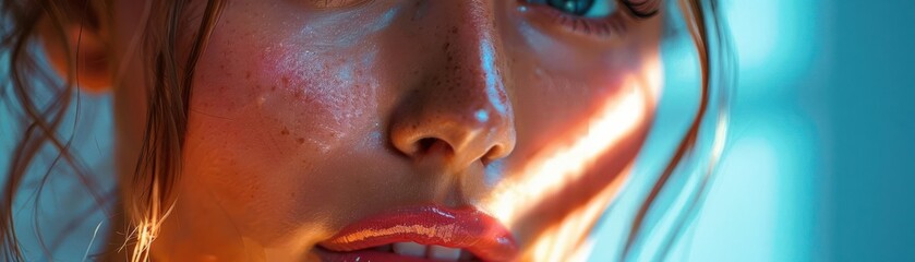 Close-up of a woman's face with intense expression.