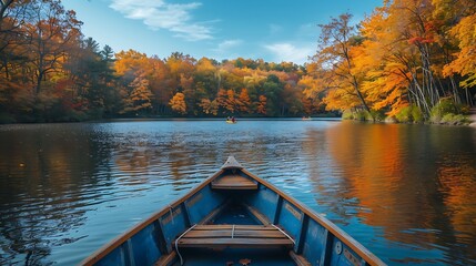 Fototapeta premium A picturesque scene of a family boating on a peaceful lake, surrounded by autumn trees with vibrant foliage, under a clear blue sky.