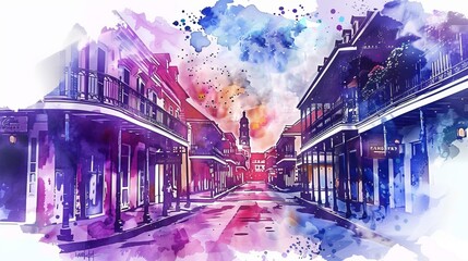 The French Quarter, Historic District, is the oldest section of the City of New Orleans. Watercolor splash with Hand drawn sketch illustration in vector.