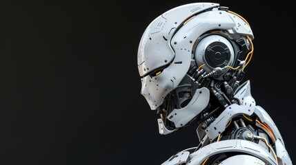 Fototapeta premium Alien robot or detailed humanoid cyborg. Side in profile view. Isolated on black background. 3d rendering AI generated