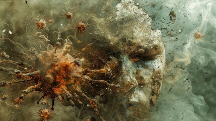 Fototapeta premium A striking abstract composition of a virus and human face merging in a whirlwind of particles. The dramatic colors and intense details evoke themes of health, disease, and human resilience, perfect