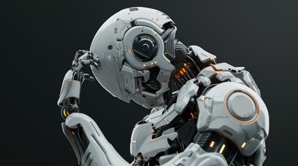 Fototapeta premium Alien robot or detailed humanoid cyborg looking at his arm. Upper body isolated on black background. 3d rendering AI generated