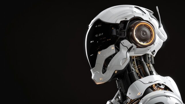 Alien robot or detailed humanoid cyborg. Side in profile view. Isolated on black background. 3d rendering AI generated